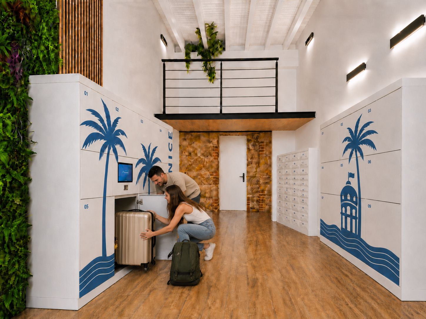 Intérieur moderne et lumineux d'OHLALA Lockers à Nice, casiers aux couleurs bleu marine et jaune