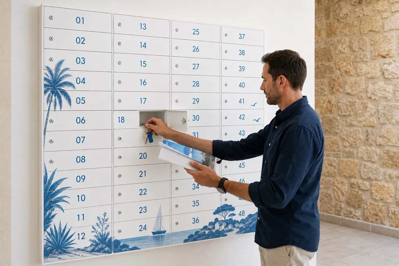OHLALA Lockers Nice keybox wall — 48 numbered compartments, Côte d'Azur decor, legal alternative to banned street-mounted key boxes